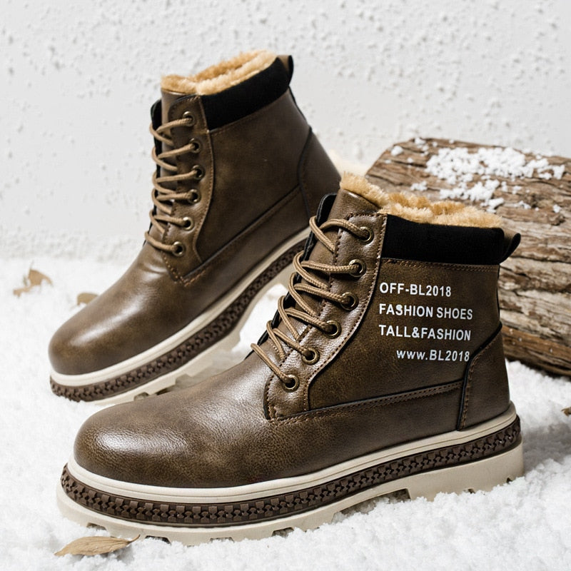Winter Boots Men with Fur Warm Fleeces Leather Shoes High Lace-up